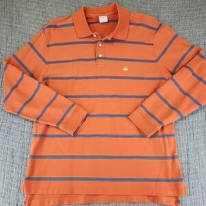 Brooks Brothers 346 Polo Shirt Large Orange Striped Long Sleeve Yellow Logo Mens